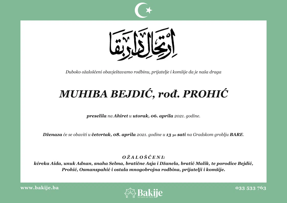 Smrtovnica — Muhiba Bejdić, rođ. Prohić