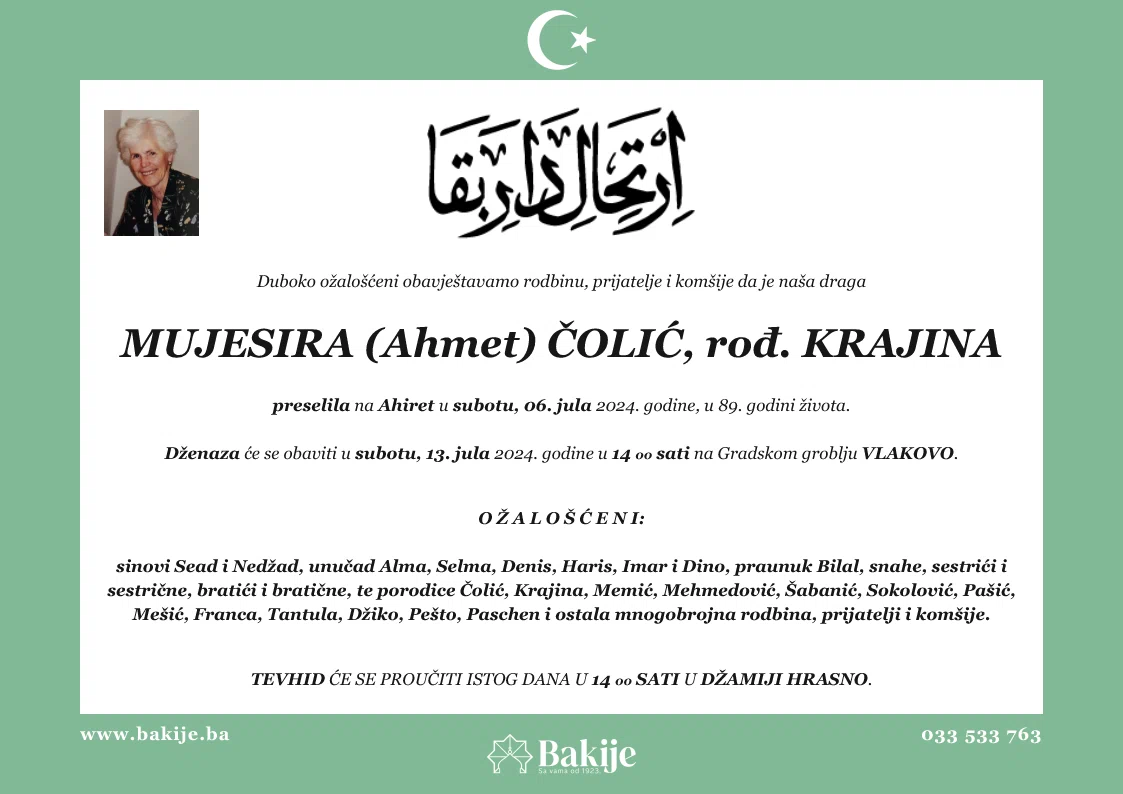 Smrtovnica — Mujesira (Ahmet) Čolić, rođ. Krajina