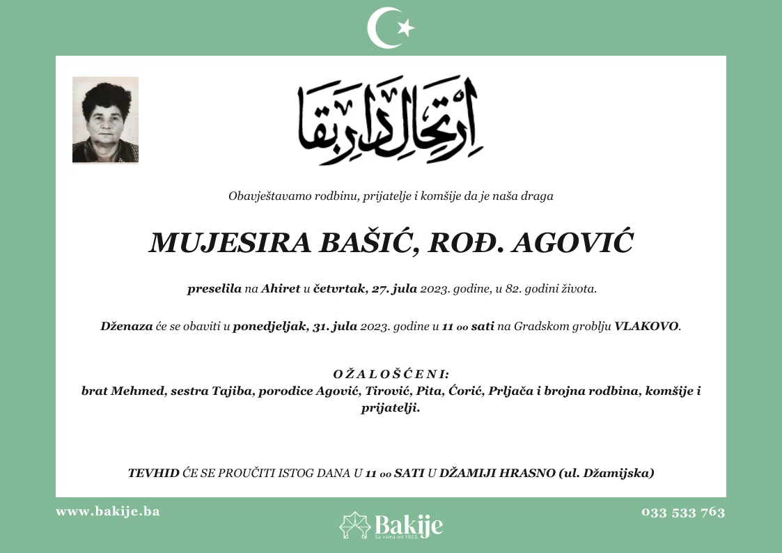 Smrtovnica — Mujesira Bašić, rođ. Agović