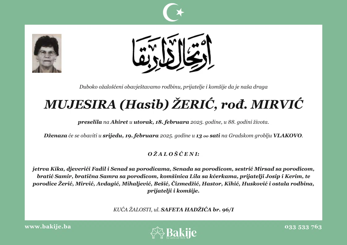 Smrtovnica — Mujesira (Hasib) Žerić, rođ. Mirvić