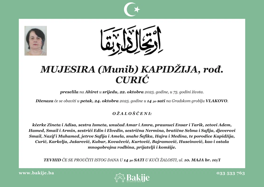 Smrtovnica — Mujesira (Munib) Kapidžija, rođ. Curić