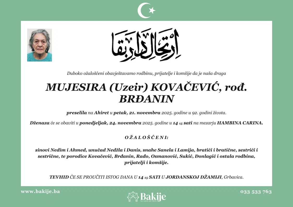 Smrtovnica — Mujesira (Uzeir) Kovačević, rođ. Brđanin