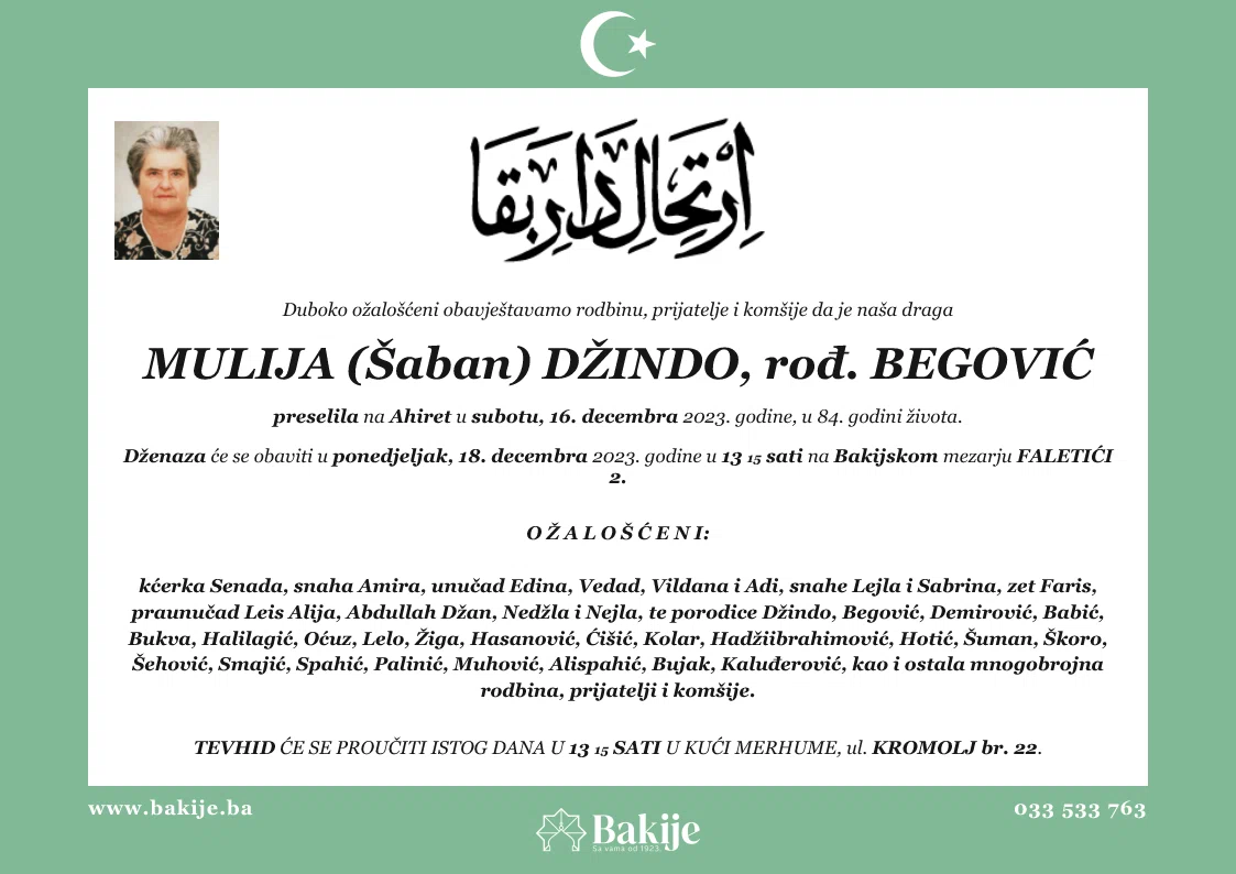 Smrtovnica — Mulija (Šaban) Džindo, rođ. Begović