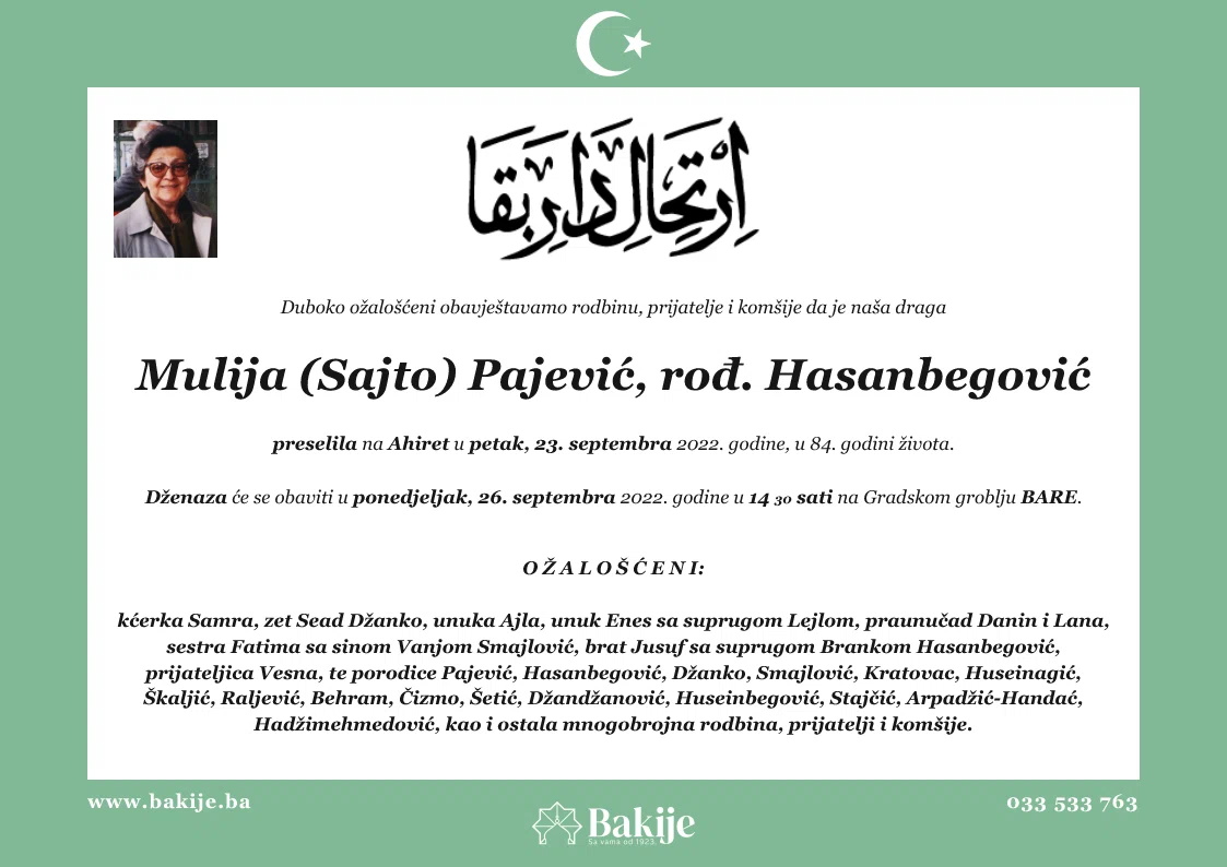 Smrtovnica — Mulija (Sajto) Pajević, rođ. Hasanbegović