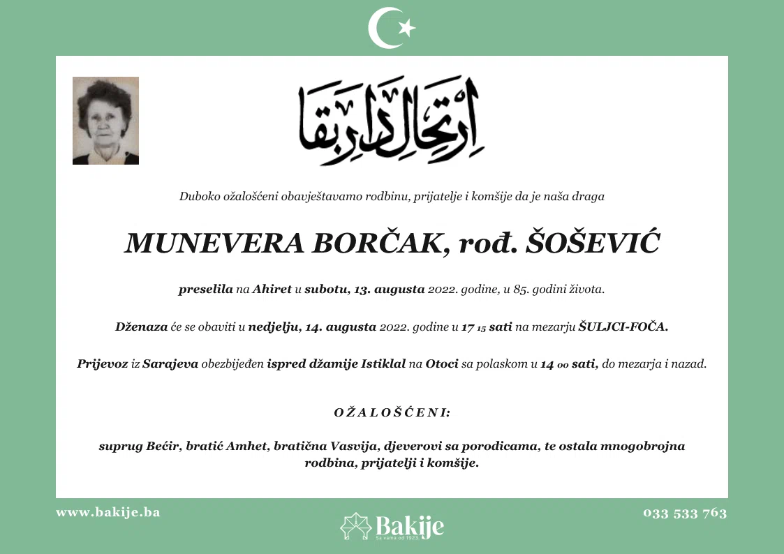 Smrtovnica — Munevera Borčak, rođ. Šošević