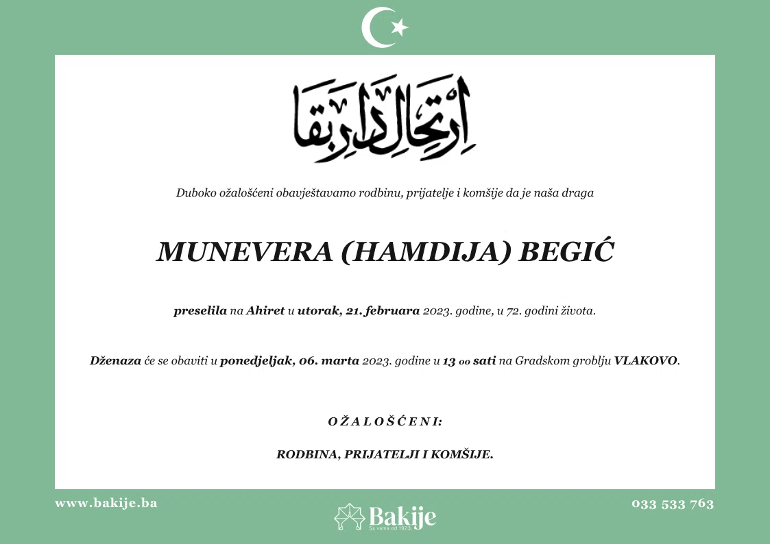 Smrtovnica — Munevera (Hamdija) Begić