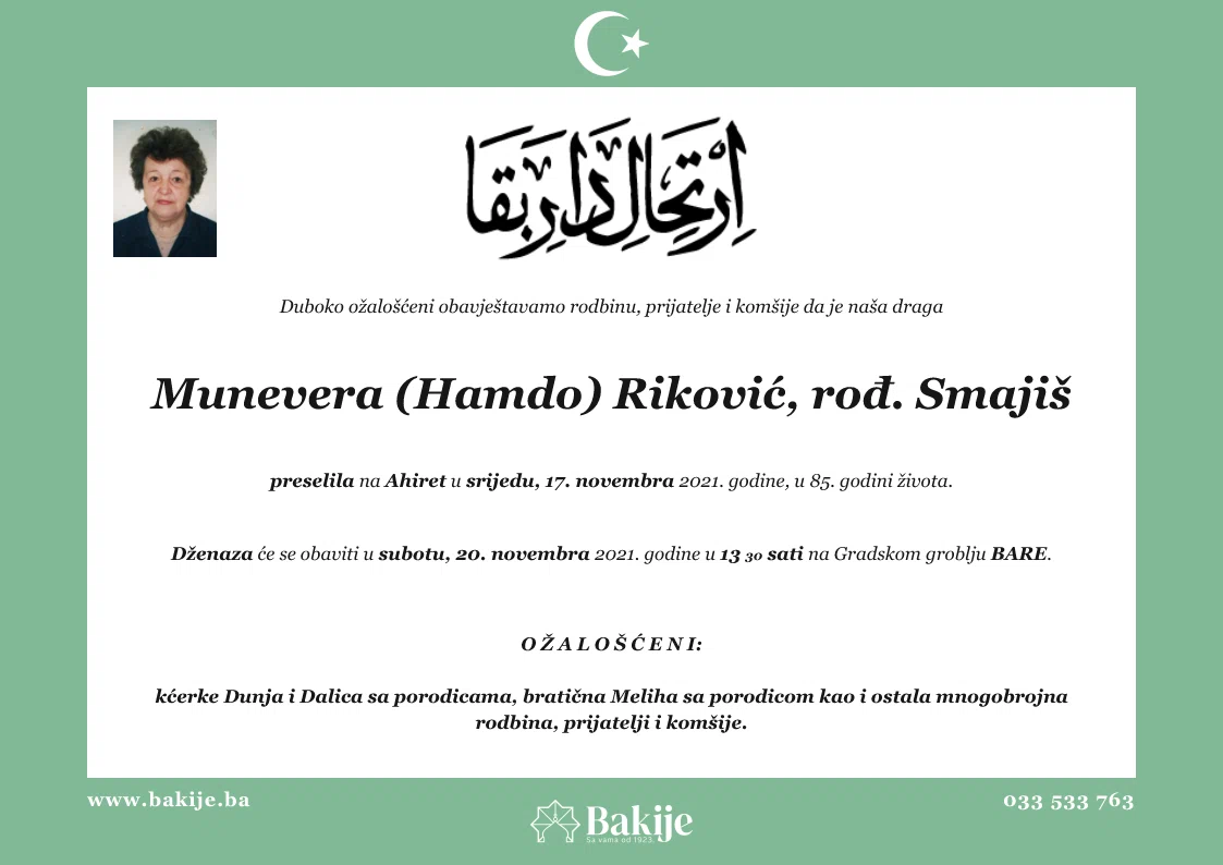 Smrtovnica — Munevera (Hamdo) Riković, rođ. Smajiš
