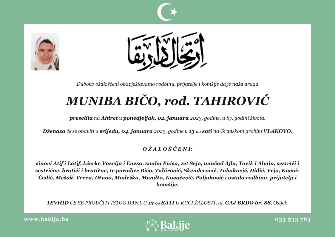 Smrtovnica — Muniba Bičo, rođ. Tahirović