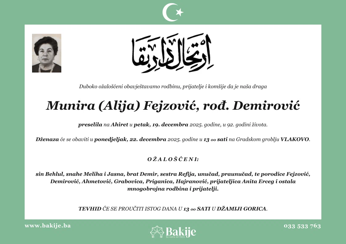Smrtovnica — Munira (Alija) Fejzović, rođ. Demirović