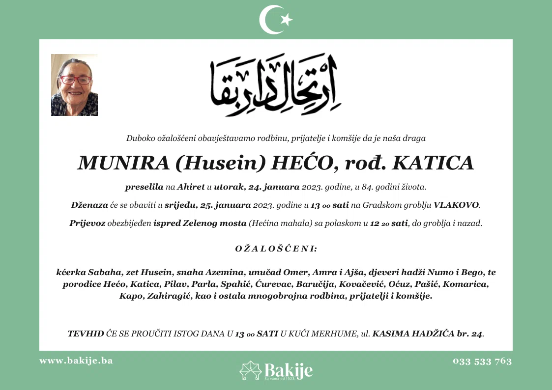 Smrtovnica — Munira (Husein) Hećo, rođ. Katica