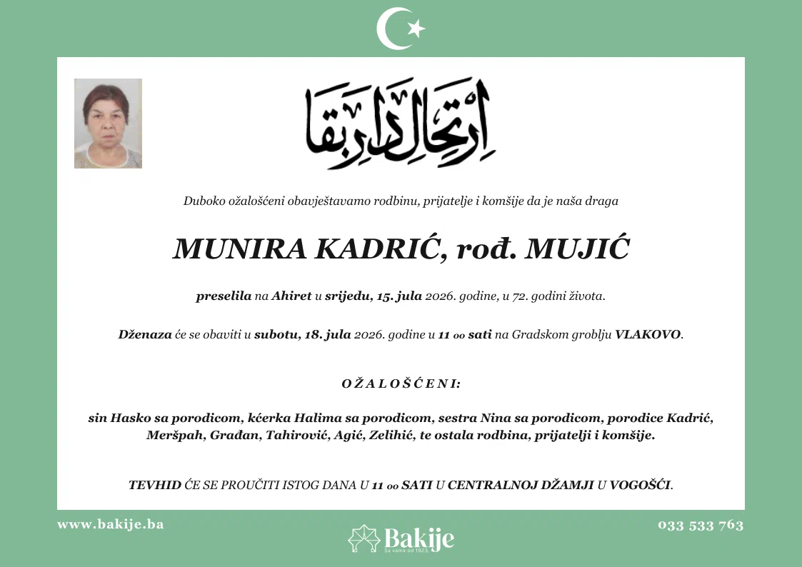 Smrtovnica — Munira Kadrić, rođ. Mujić