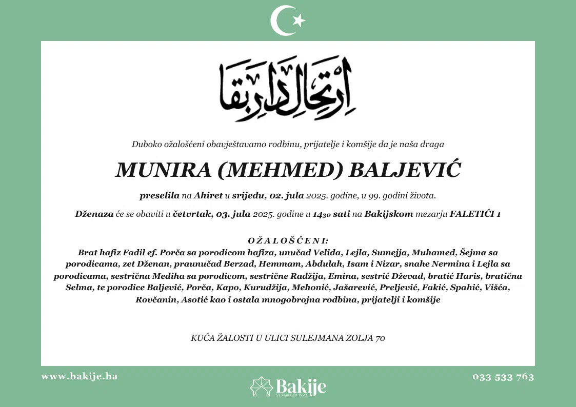 Smrtovnica — Munira (Mehmed) Baljević
