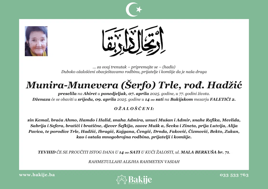 Smrtovnica — Munira-Munevera (Šerfo) Trle, rođ. Hadžić