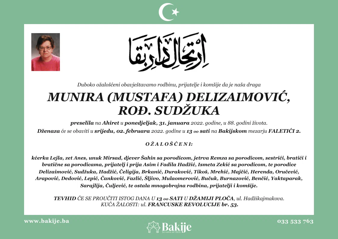 Smrtovnica — Munira (Mustafa) Delizaimović, rođ. Sudžuka