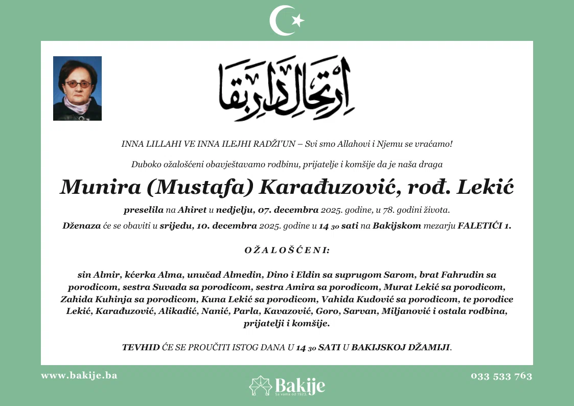 Smrtovnica — Munira (Mustafa) Karađuzović, rođ. Lekić