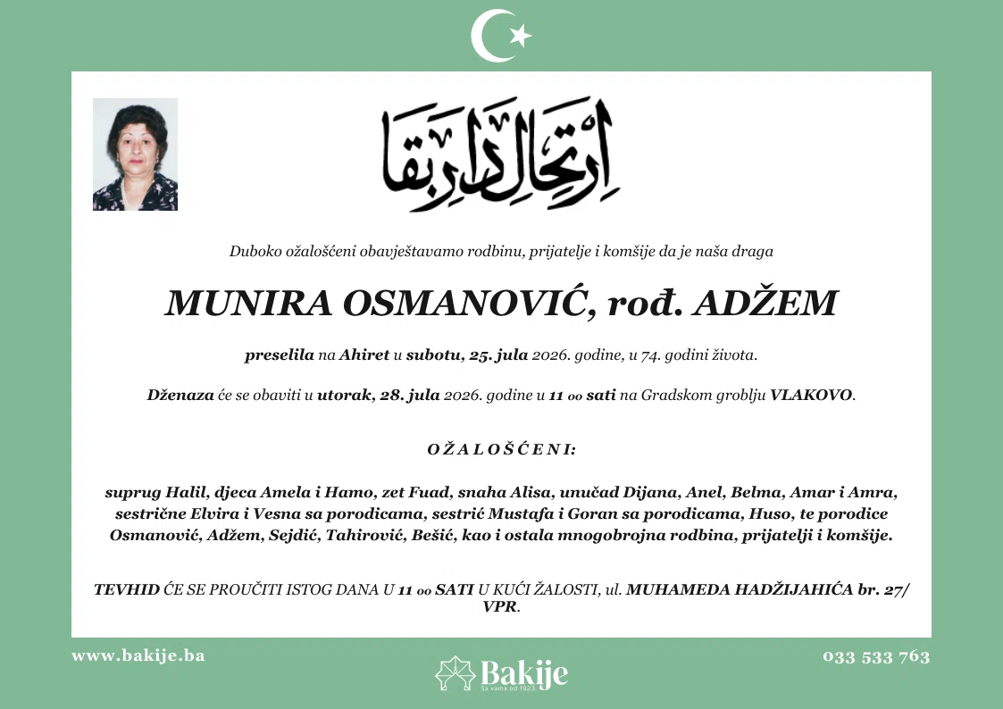 Smrtovnica — Munira Osmanović, rođ. Adžem
