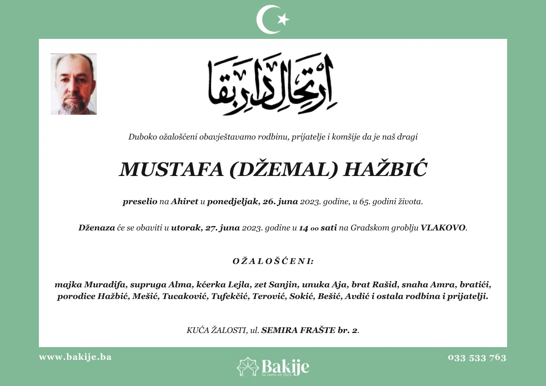 Smrtovnica — Mustafa (Džemal) Hažbić