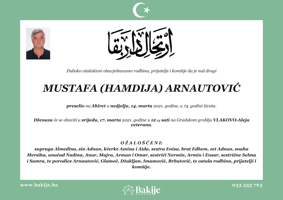 Smrtovnica — Mustafa (Hamdija) Arnautović