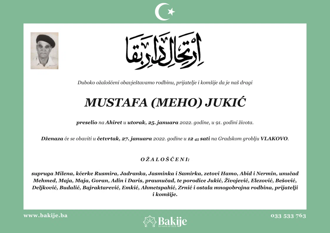 Smrtovnica — Mustafa (Meho) Jukić