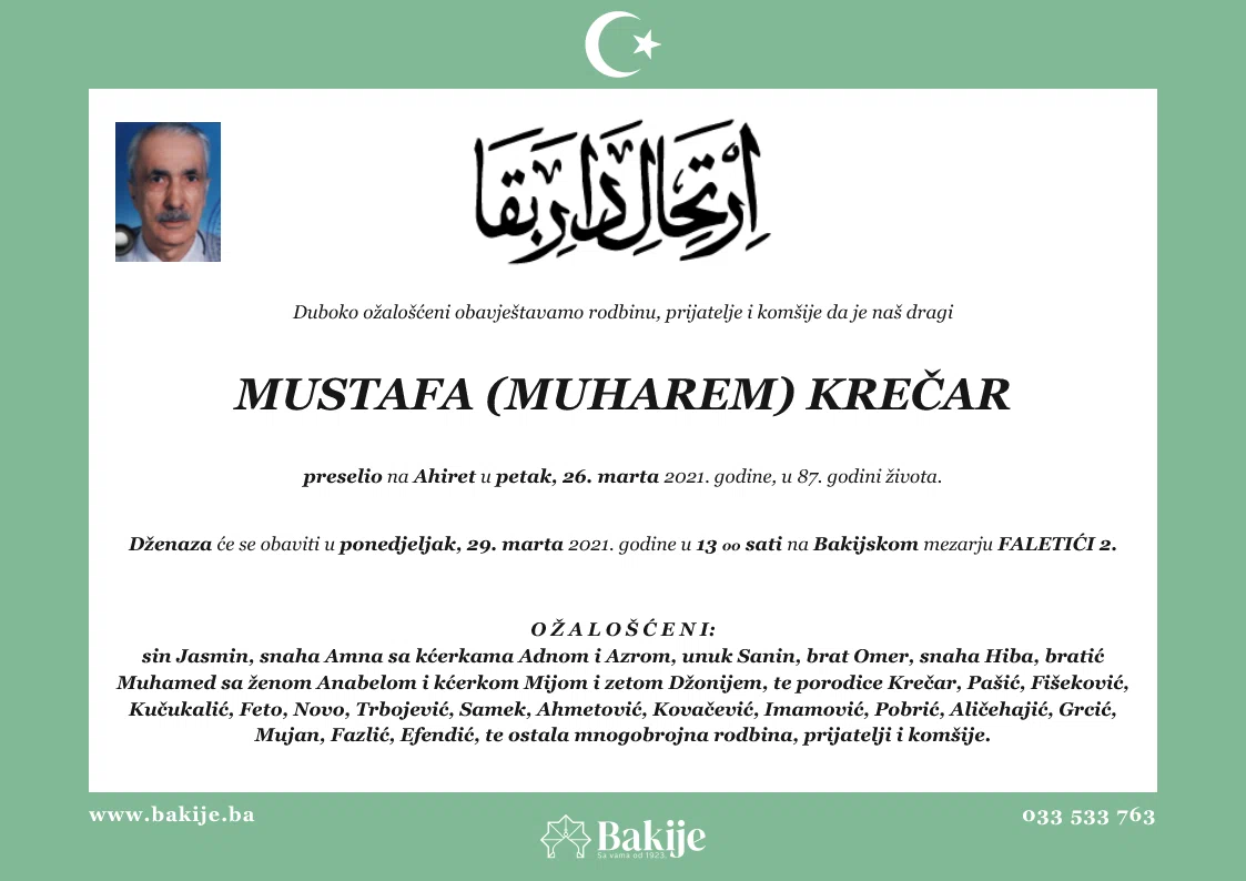 Smrtovnica — Mustafa (Muharem) Krečar