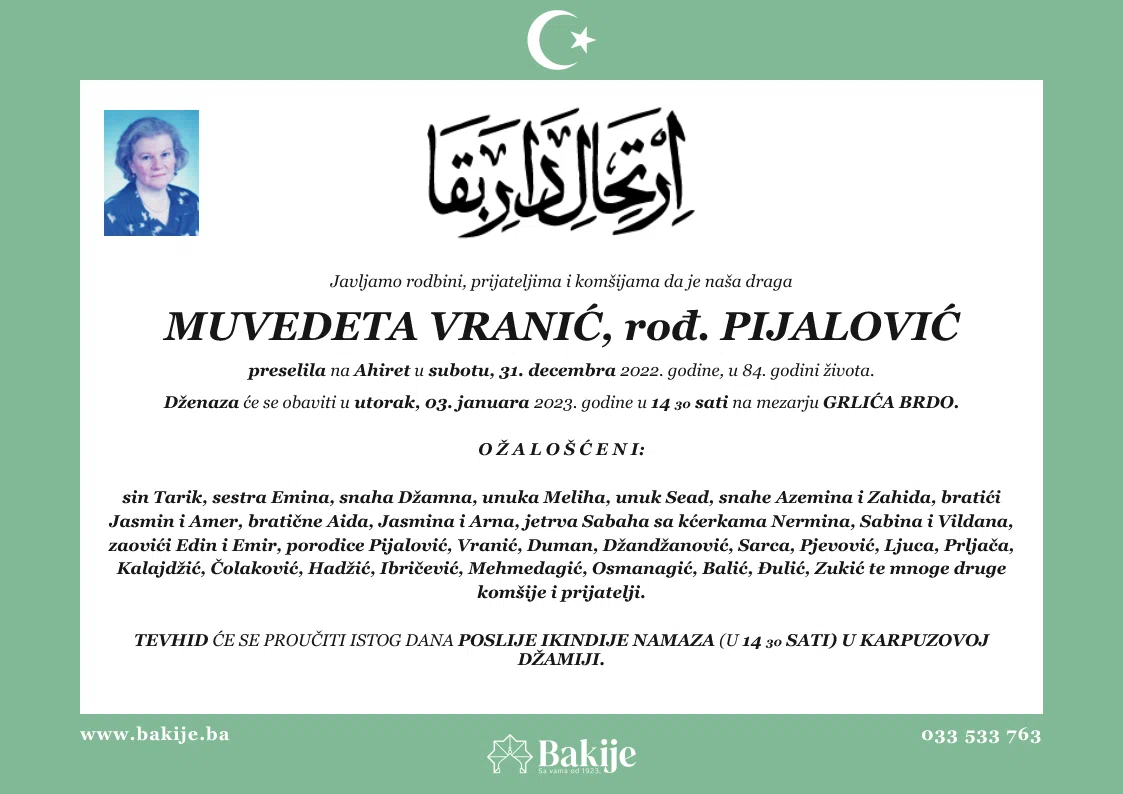 Smrtovnica — Muvedeta Vranić, rođ. Pijalović