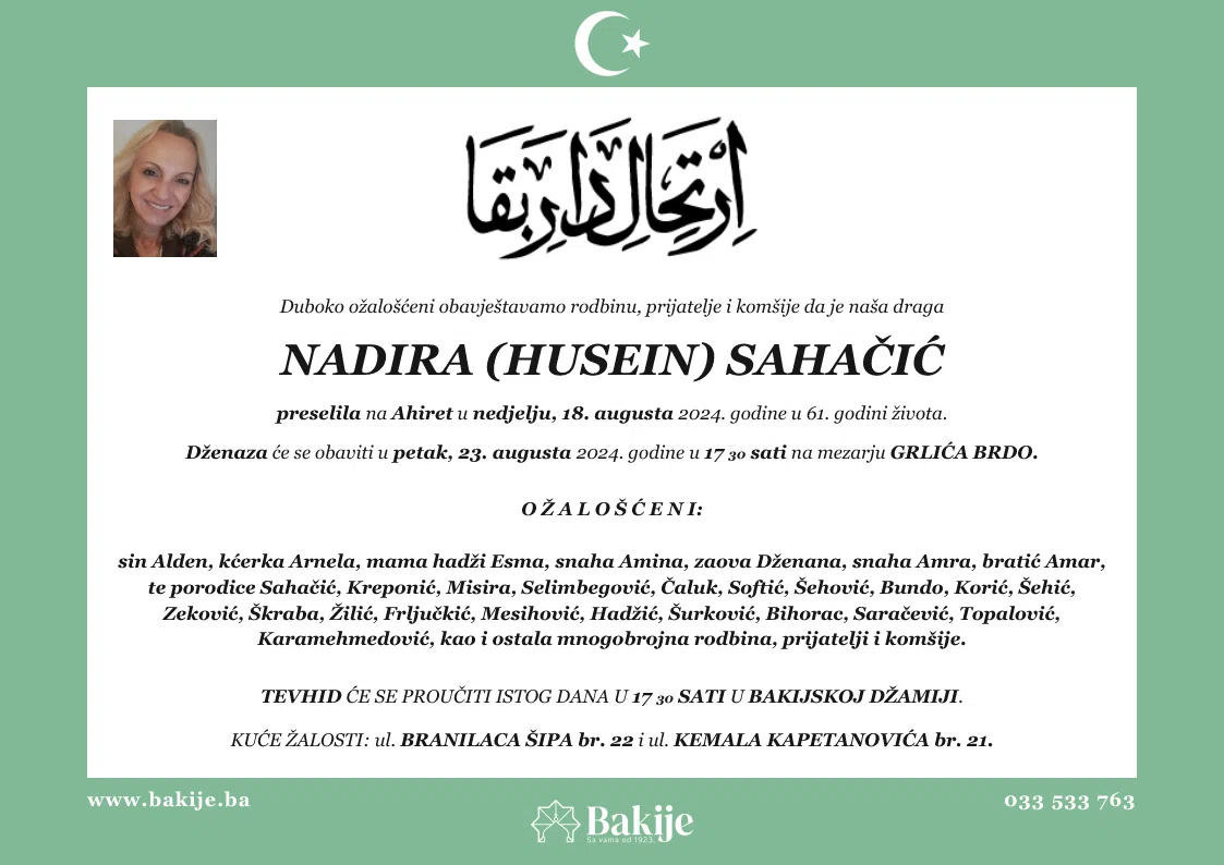 Smrtovnica — Nadira (Husein) Sahačić