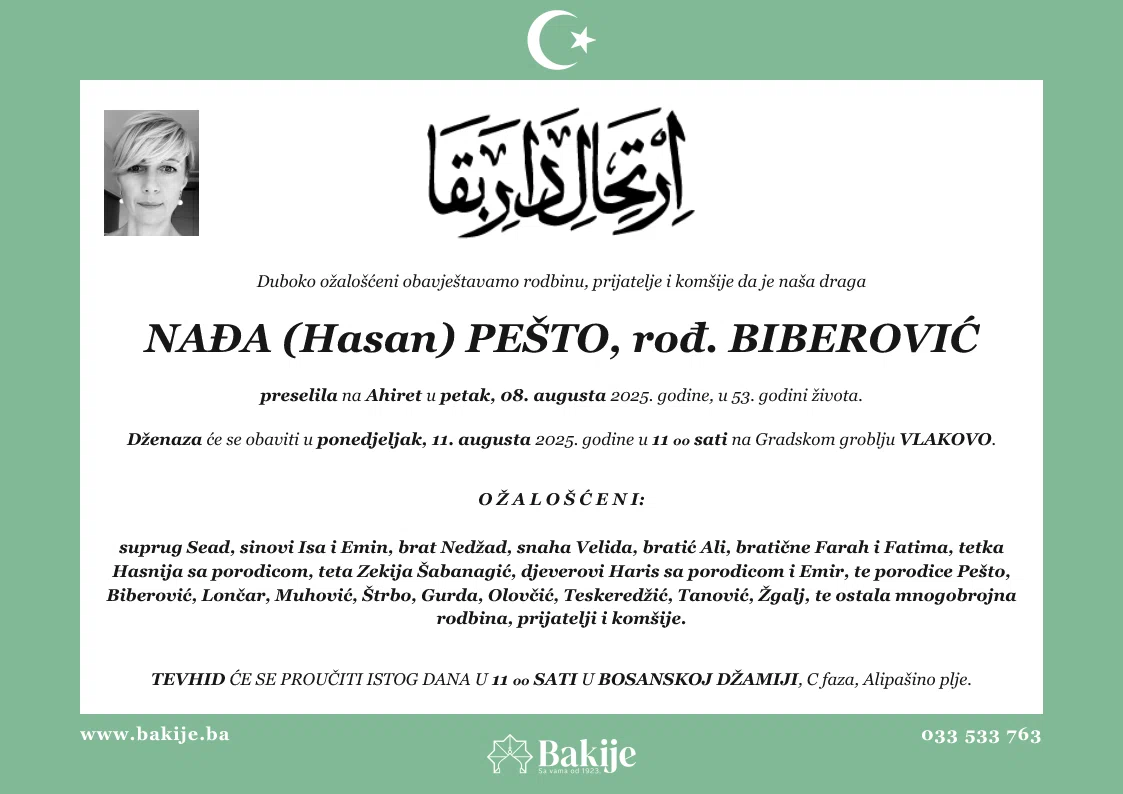 Smrtovnica — Nađa (Hasan) Pešto, rođ. Biberović