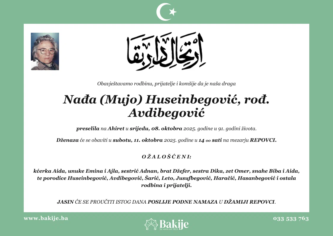 Smrtovnica — Nađa (Mujo) Huseinbegović, rođ. Avdibegović