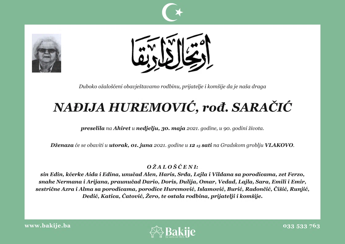 Smrtovnica — Nađija Huremović, rođ. Saračić