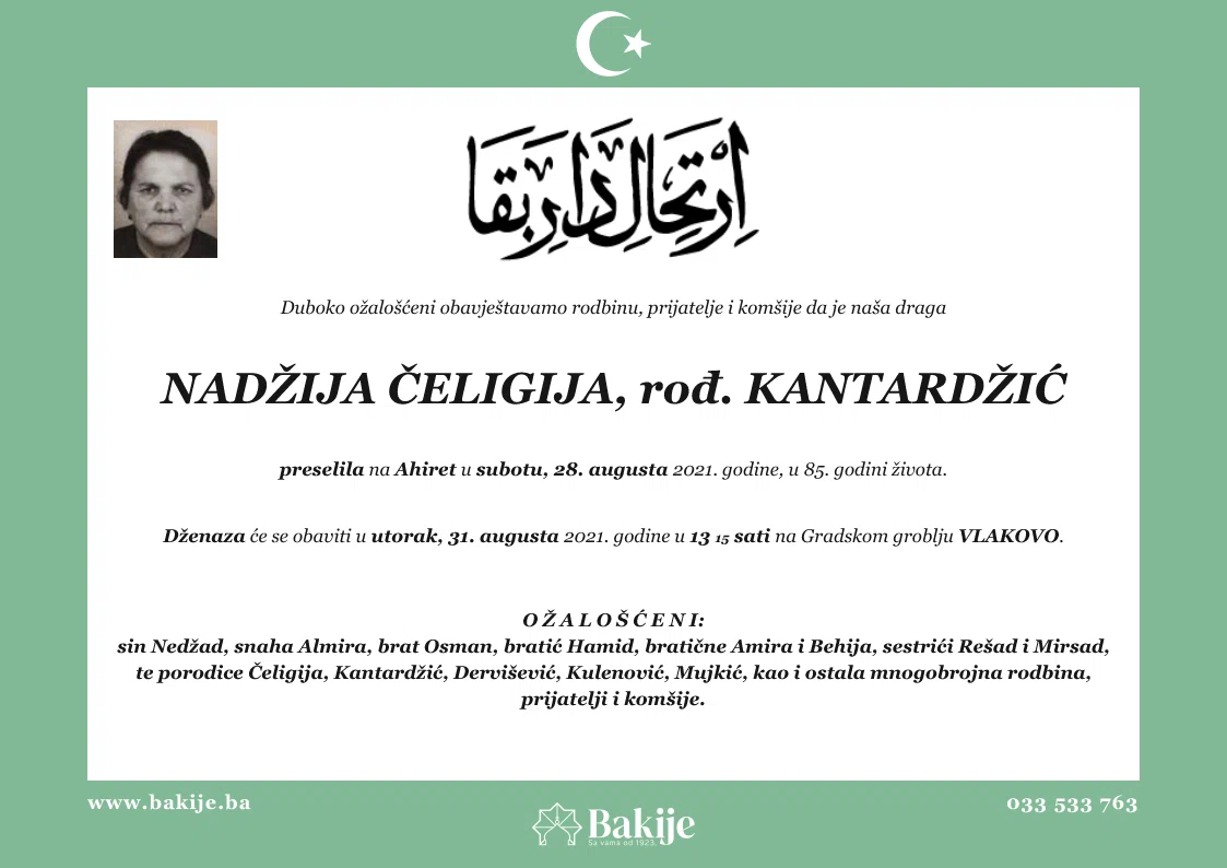 Smrtovnica — Nadžija Čeligija, rođ. Kantardžić