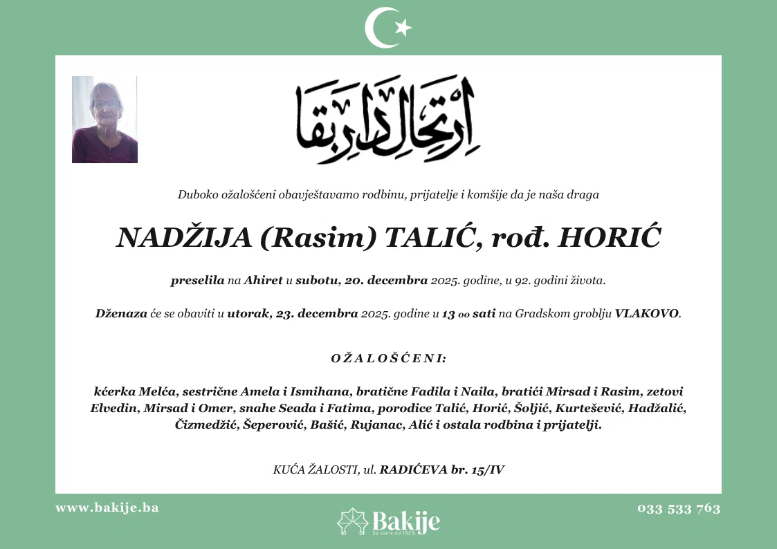 Smrtovnica — Nadžija (Rasim) Talić, rođ. Horić