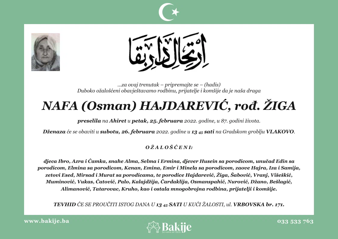 Smrtovnica — Nafa (Osman) Hajdarević, rođ. Žiga
