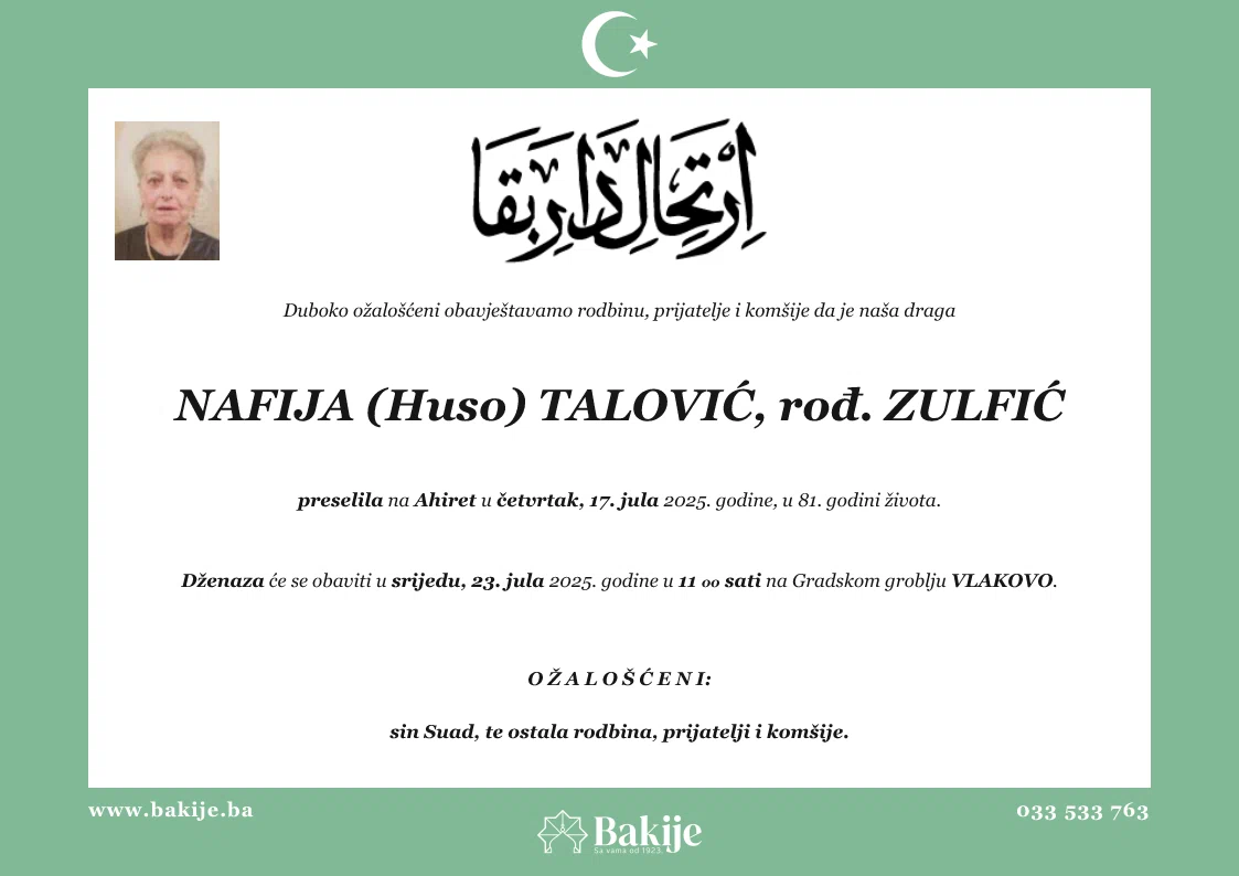 Smrtovnica — Nafija (Huso) Talović, rođ. Zulfić