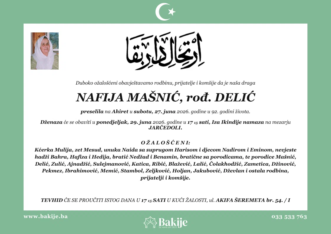 Smrtovnica — Nafija Mašnić, rođ. Delić