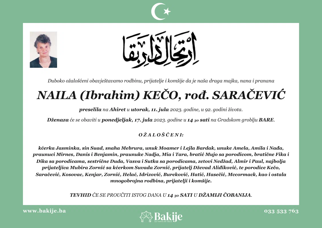 Smrtovnica — Naila (Ibrahim) Kečo, rođ. Saračević