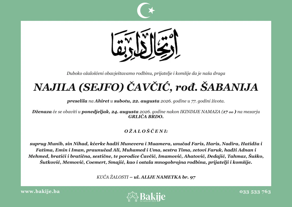 Smrtovnica — Najila (Sejfo) Čavčić, rođ. Šabanija