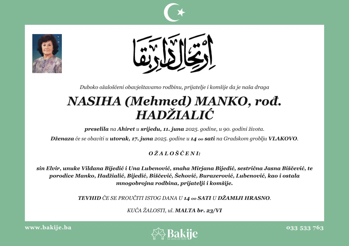 Smrtovnica — Nasiha (Mehmed) Manko, rođ. Hadžialić