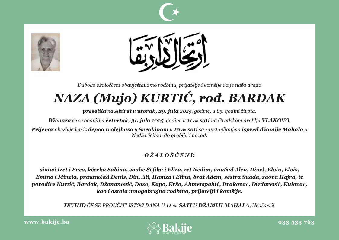Smrtovnica — Naza (Mujo) Kurtić, rođ. Bardak