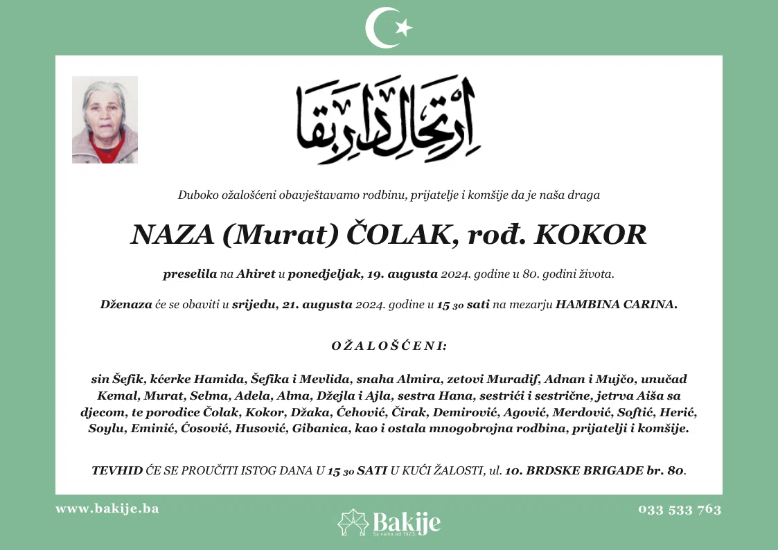 Smrtovnica — Naza (Murat) Čolak, rođ. Kokor