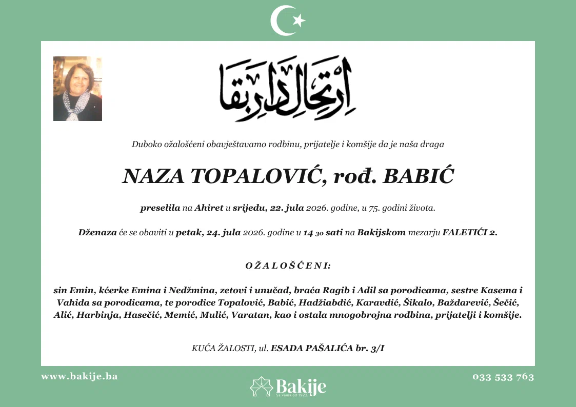 Smrtovnica — Naza Topalović, rođ. Babić