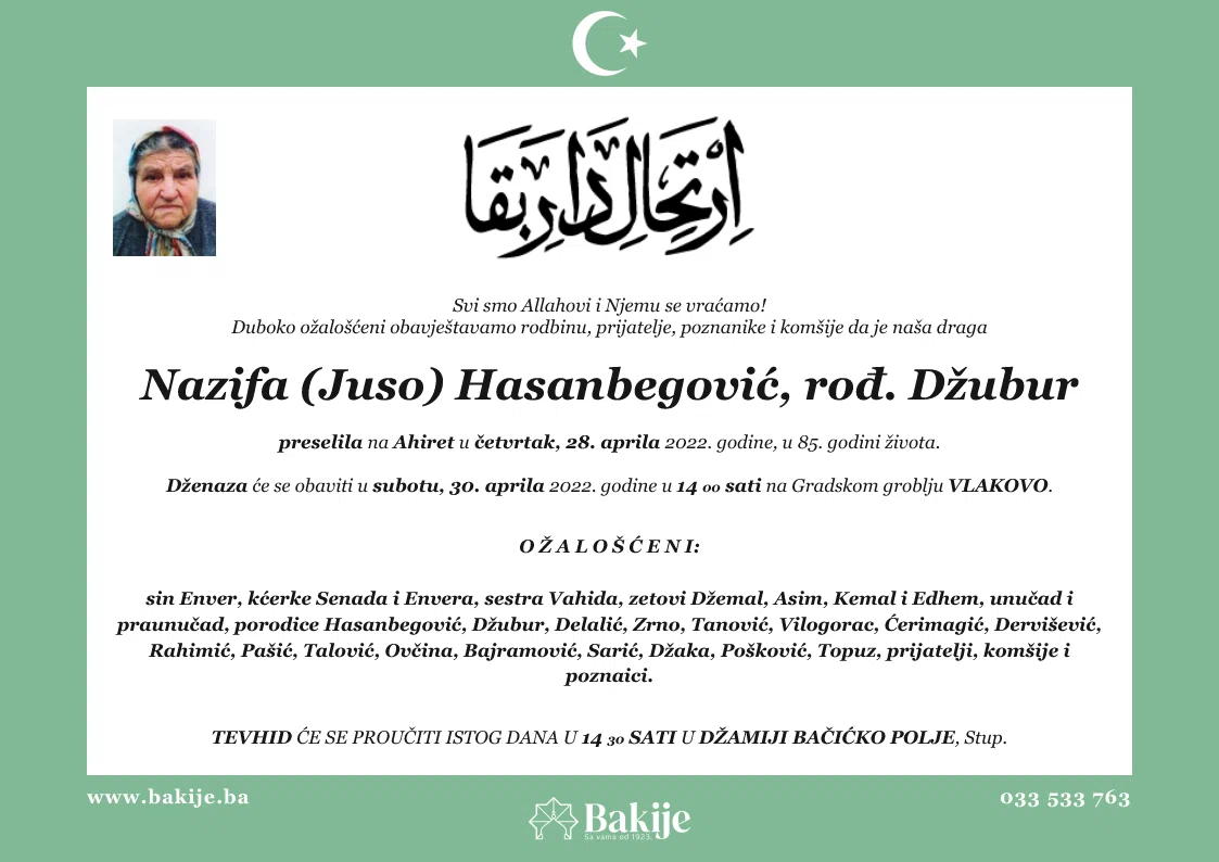 Smrtovnica — Nazifa (Juso) Hasanbegović, rođ. Džubur