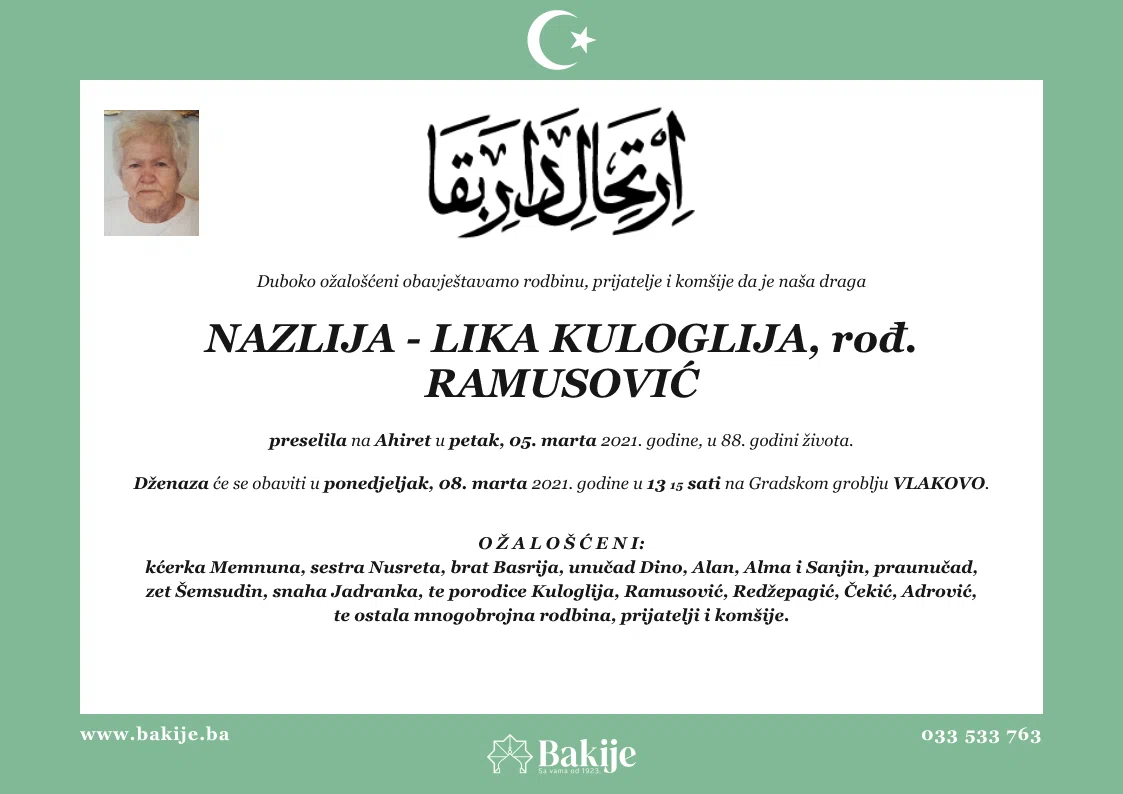 Smrtovnica — Nazlija - Lika Kuloglija, rođ. Ramusović