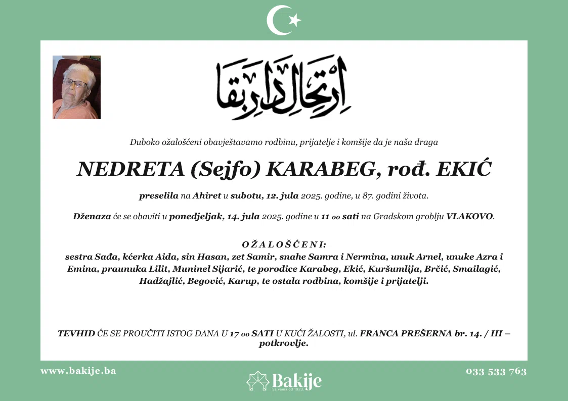 Smrtovnica — Nedreta (Sejfo) Karabeg, rođ. Ekić