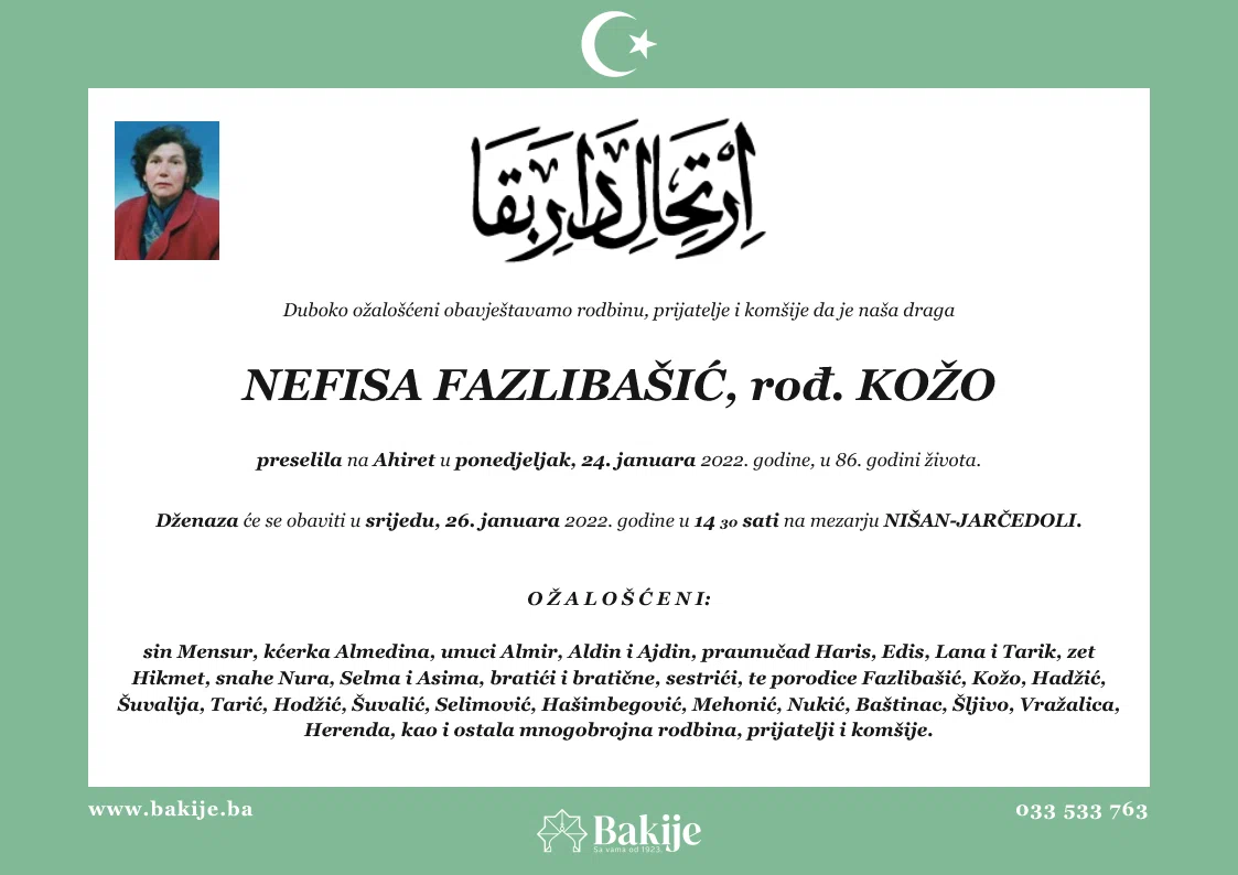 Smrtovnica — Nefisa Fazlibašić, rođ. Kožo