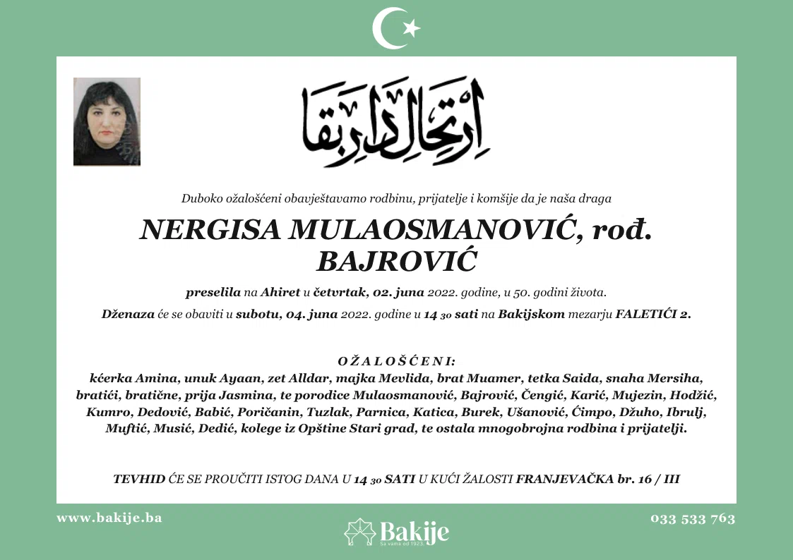 Smrtovnica — Nergisa Mulaosmanović, rođ. Bajrović
