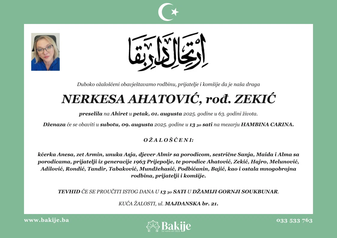 Smrtovnica — Nerkesa Ahatović, rođ. Zekić