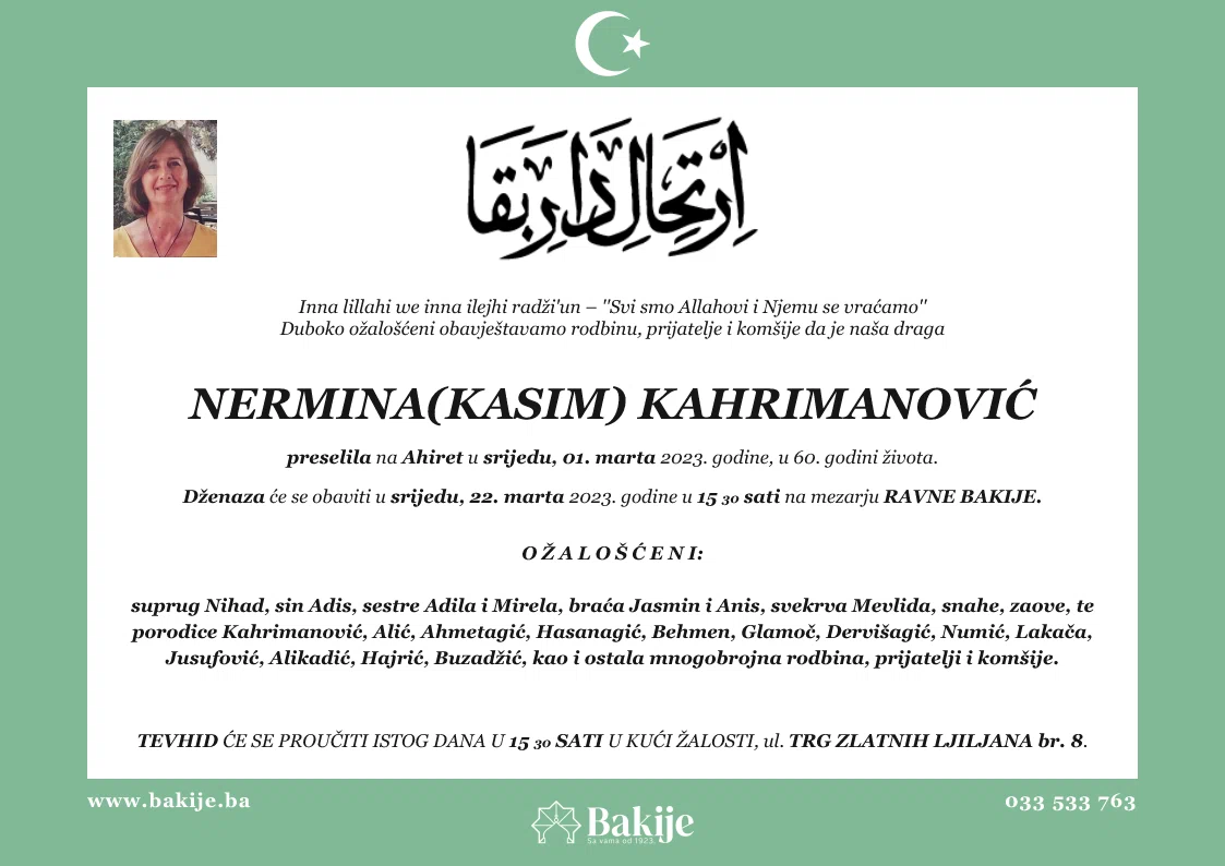 Smrtovnica — Nermina(Kasim) Kahrimanović