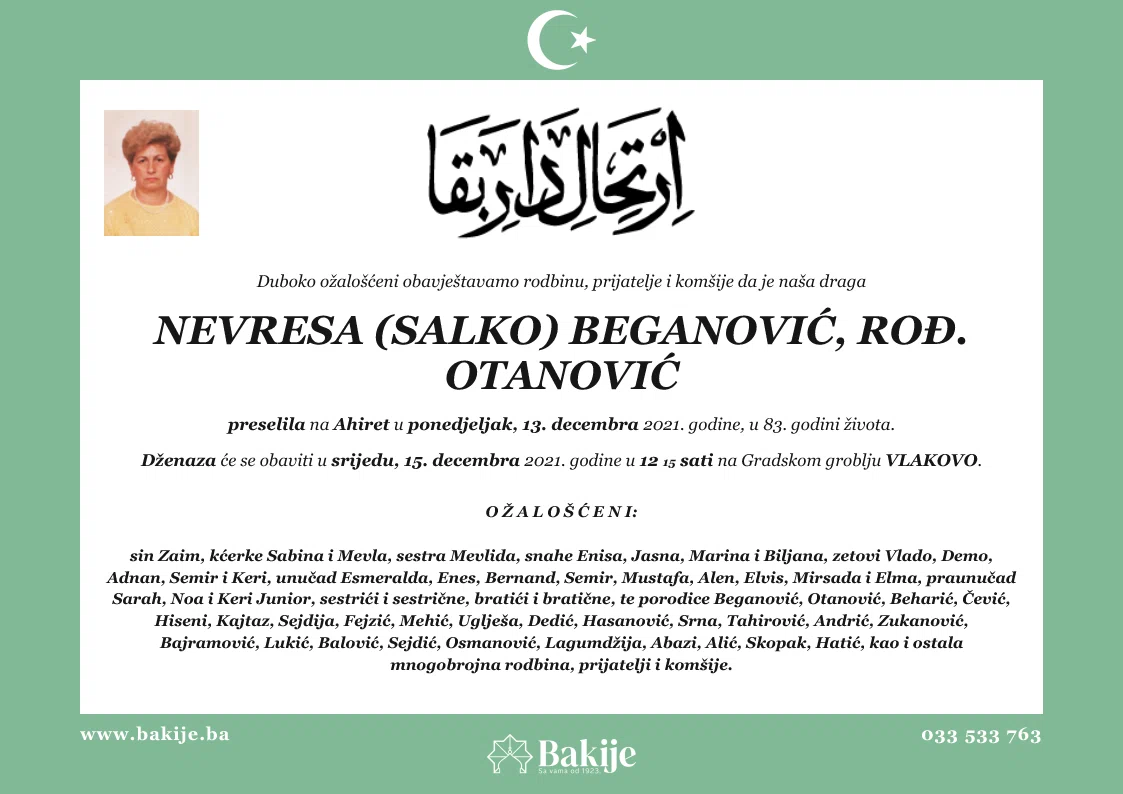 Smrtovnica — Nevresa (Salko) Beganović, rođ. Otanović