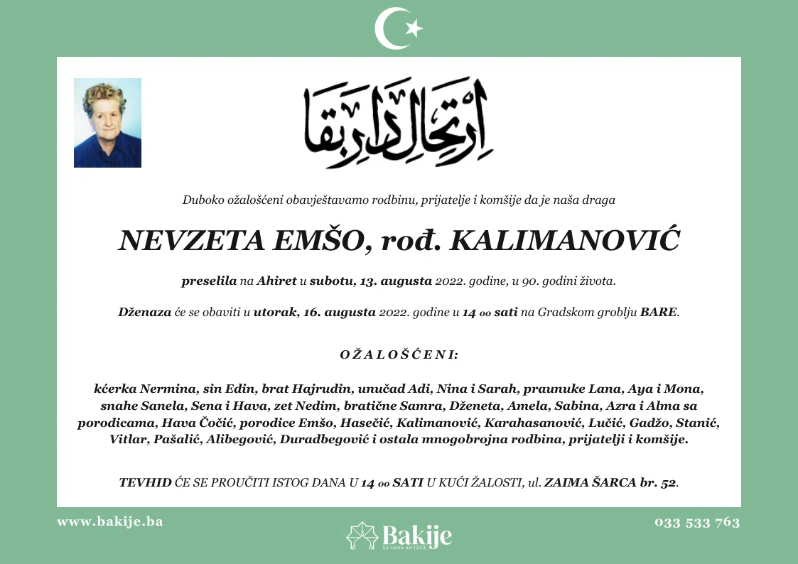 Smrtovnica — Nevzeta Emšo, rođ. Kalimanović