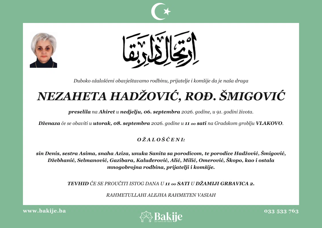 Smrtovnica — Nezaheta Hadžović, rođ. Šmigović